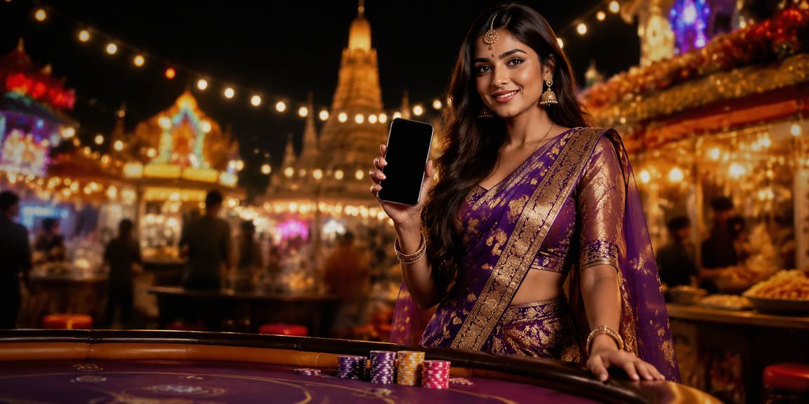 Vibrant Indian night market with colorful lights and gaming opportunities